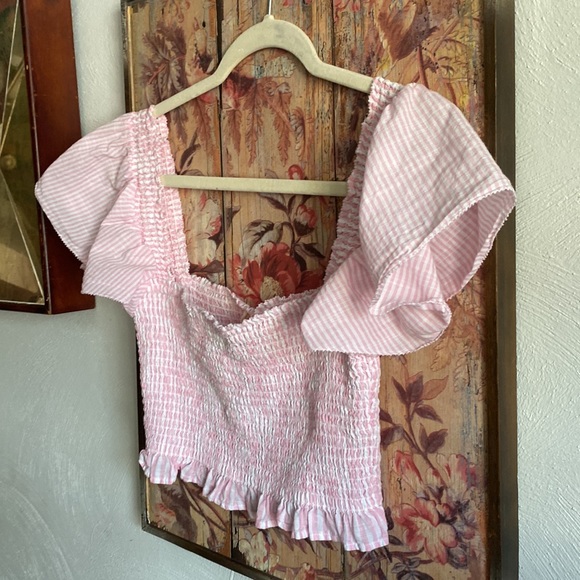 LOVESHACKFANCY CROP TOP BLOUSE FLUTTER SLEEVE TOP BABY PINK S - Picture 13 of 14